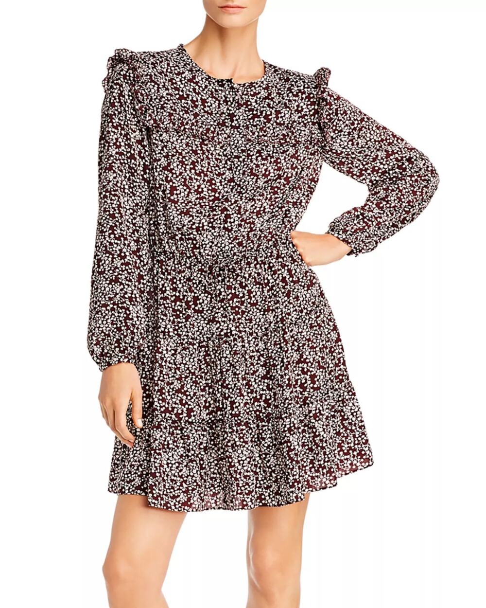 Rebecca Minkoff Selandra Floral Ruffle Mini Dress Maroon Long Sleeve Size L